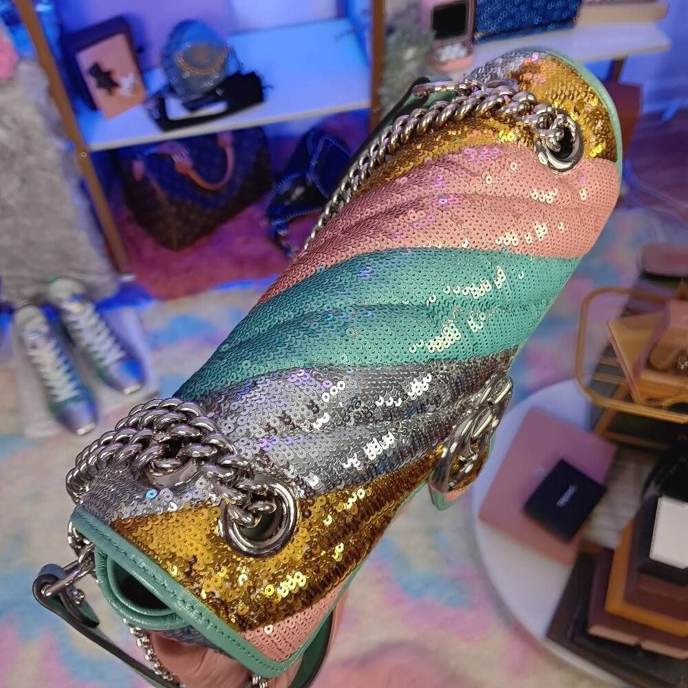 Gucci Marmont Gg Sequin Small Multicolored Rainbow Shoulder Bag w/Dustbag - Picture 6 of 16